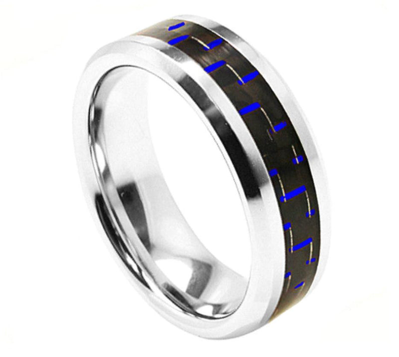 8mm Blue Carbon Fiber Inlay Cobalt Ring with High Polished Beveled Edge