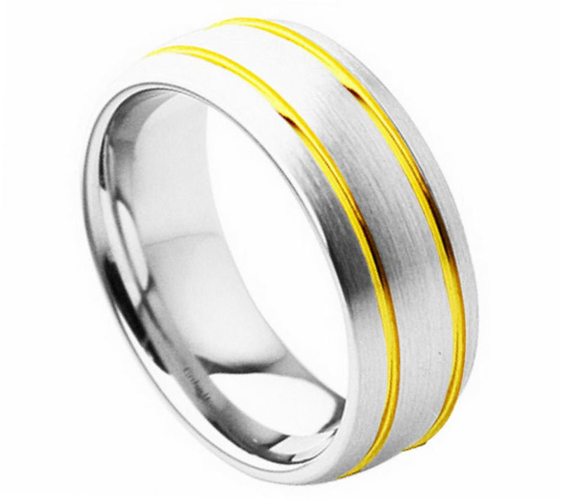 8mm Yellow Gold Plated Double Grooved with High Polished Brushed Finish Cobalt Ring