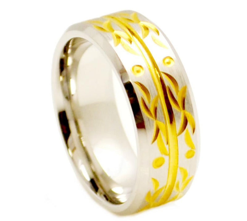 9mm Yellow Gold Carved Flourish with Beveled Edge Grooved Center Cobalt Ring