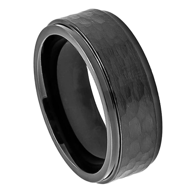 8mm Black Enamel Cobalt Ring with Stepped Edge and Hammered Center